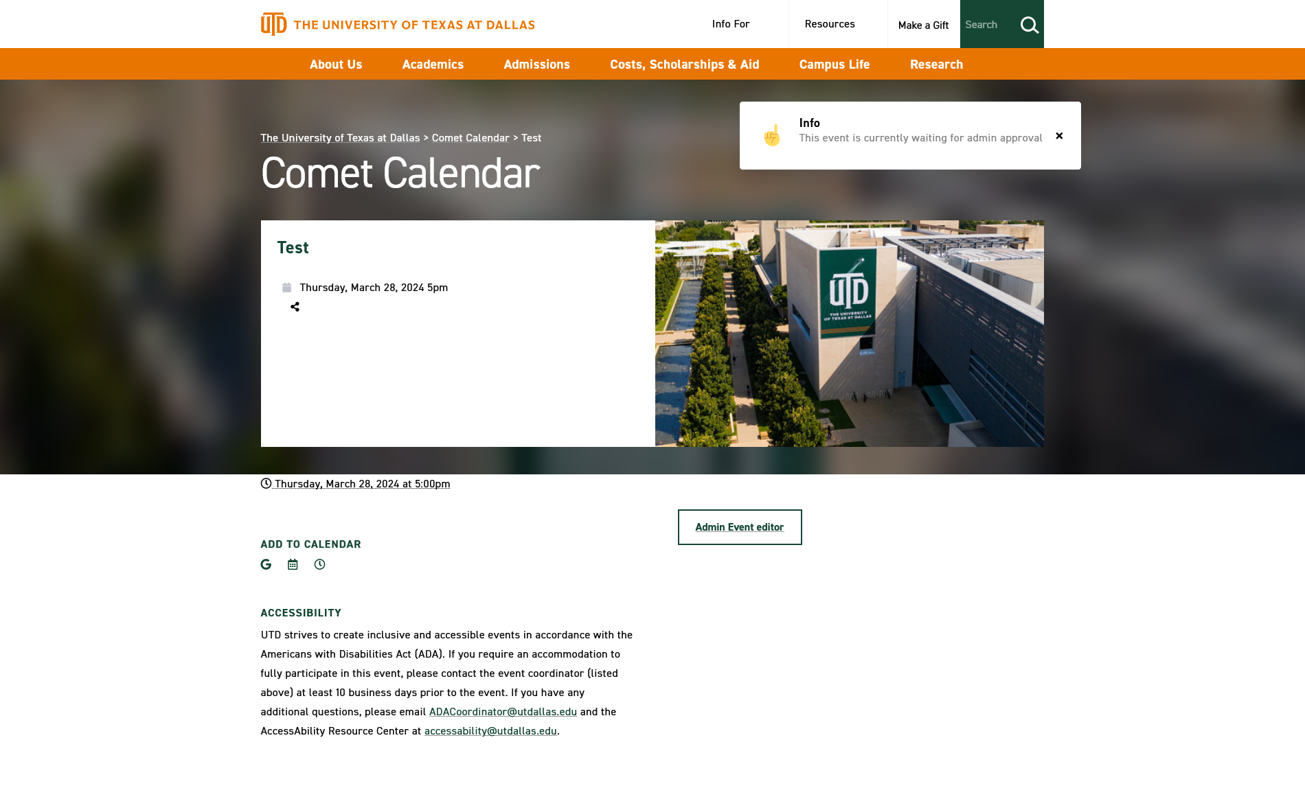 Screenshot of the Comet Calendar