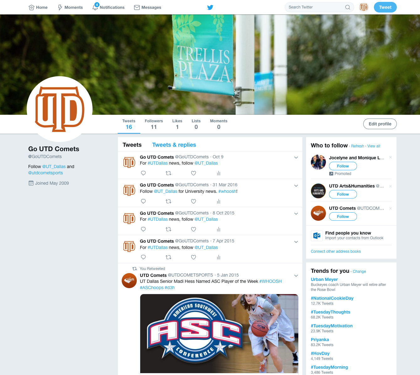 Example of a Twitter profile with the UTD monogram as the profile image. 