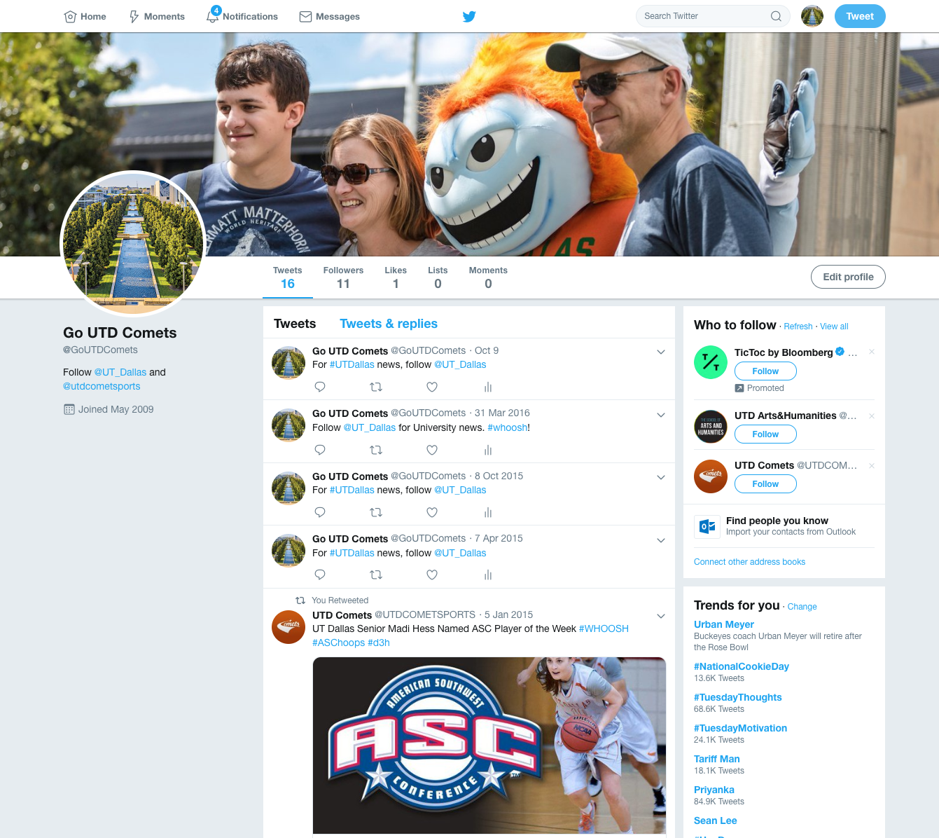 Example of a Twitter profile with a photo of the campus mall as the profile image. 