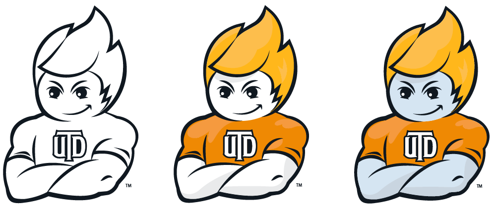 Three illustrations of Temoc, showing head and shoulders with crossed arms. One is black outline with just white fill. In one, Temoc has orange hair and an orange t-shirt. In the third his blue skin tone is added. 